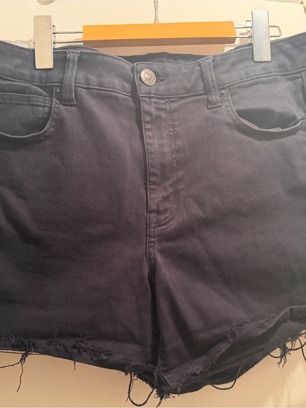 High-Rise Black Denim Cutoff Shorts with Frayed Hem